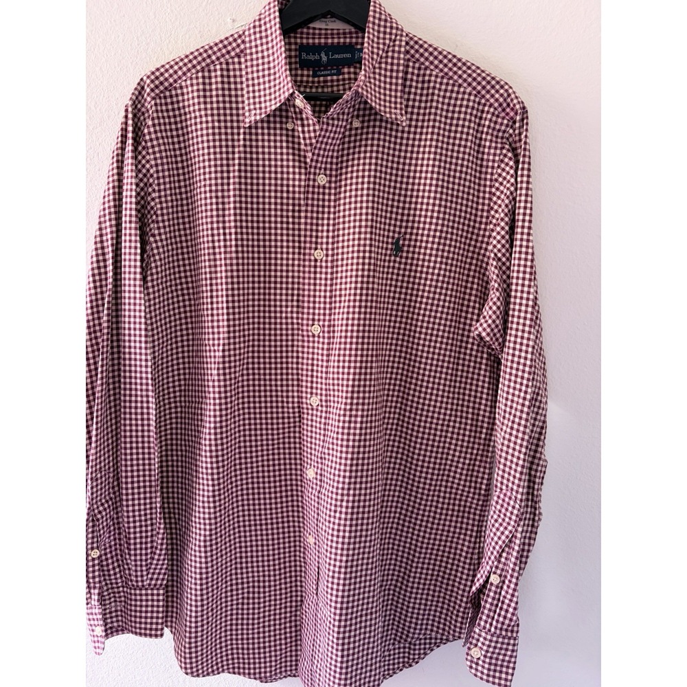 Ralph Lauren Mens Button Down Shirt Medium Classic Fit Burgundy Gingham Plaid